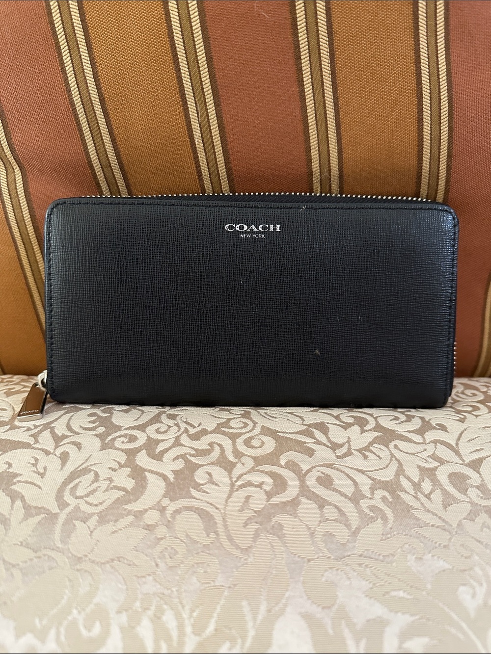 COACH Black Zip Around Saffiano Leather Wallet